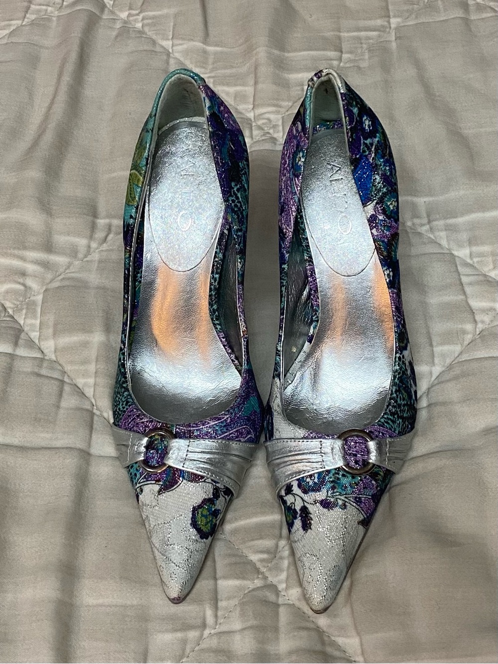 ALDO Floral Metallic Pointed-Toe Women’s Heels in Purple & Silver